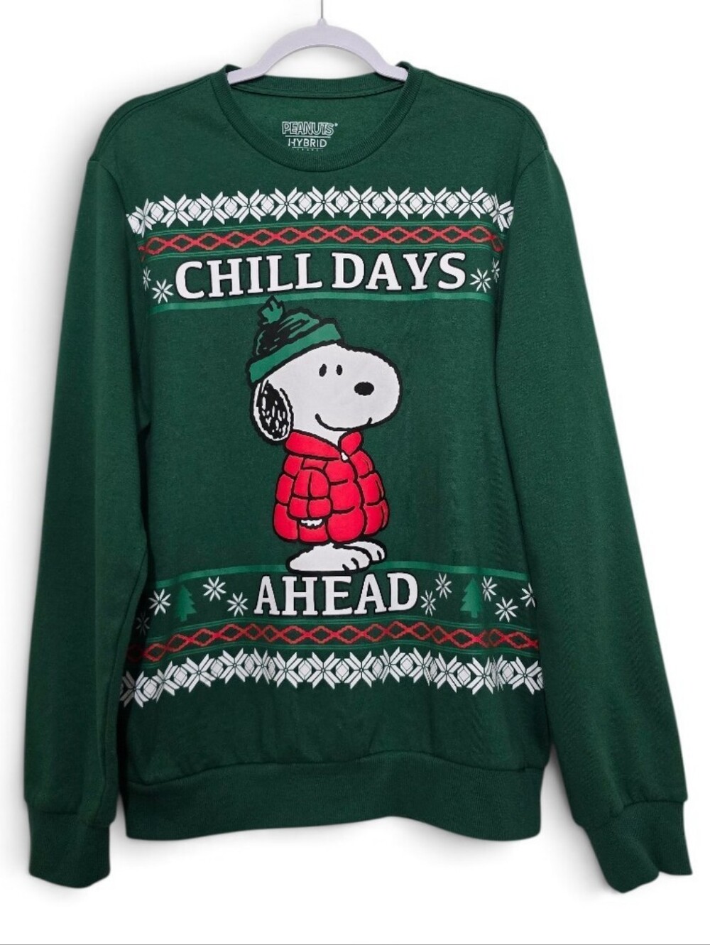 Peanuts Christmas Green Crewneck Sweater with Snoopy Graphic and Red Accents